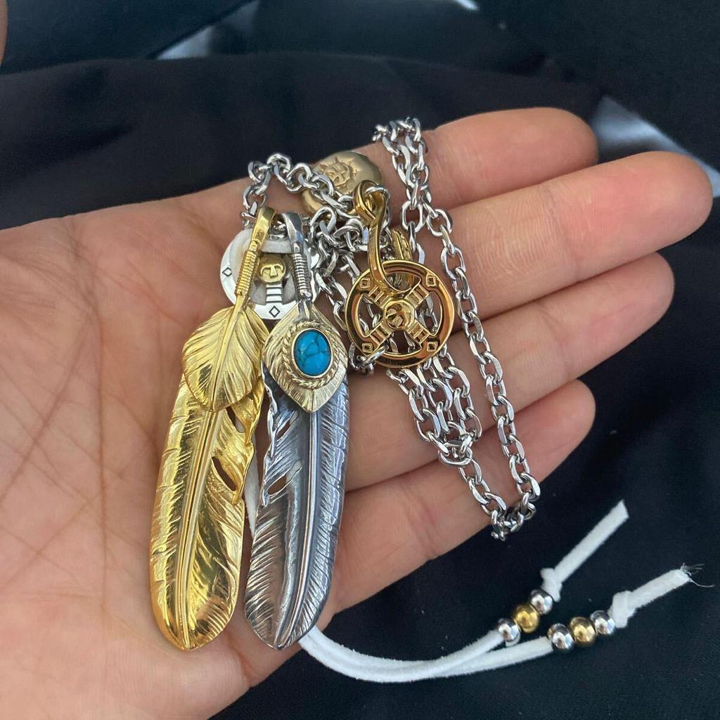 Used 925 Silver Feather Necklace Turquoise Feather All Gold Feather Necklace Indian Jewelry Thick Square Chain Gold Eagle Hook