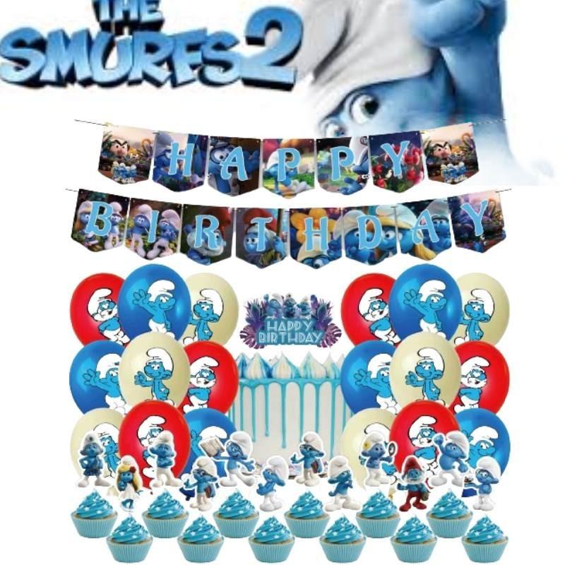 Blue Children Birthday Party Decoration Set Paper Flag Cartoon Cake Insert Balloon