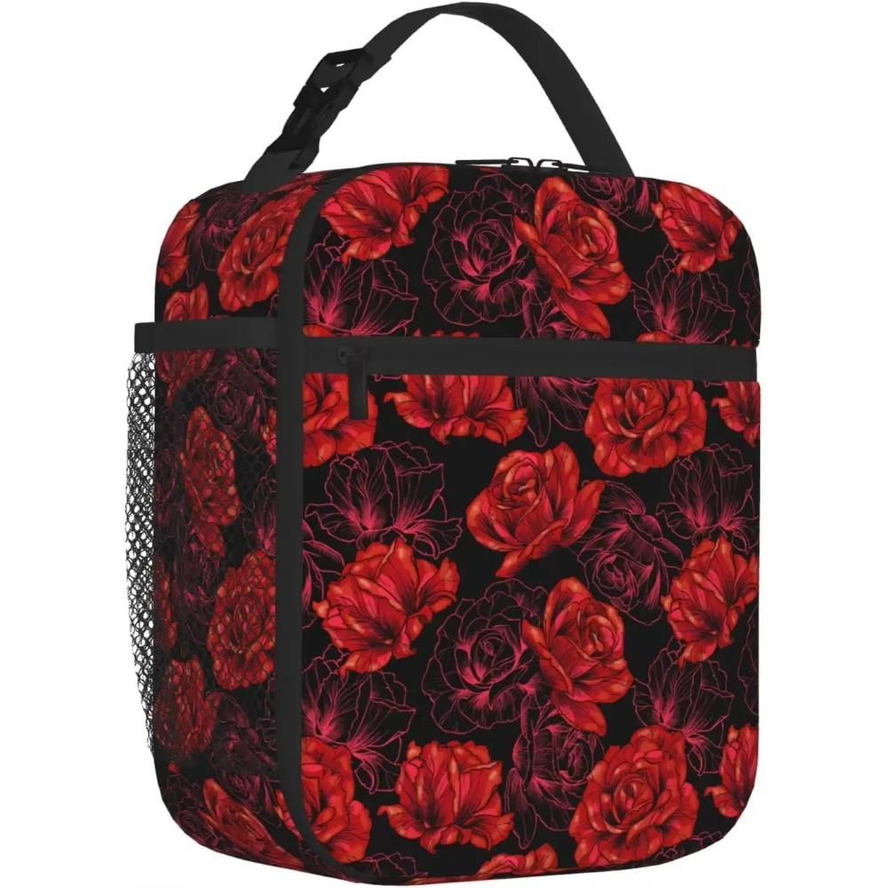 Red Rose Thermal Lunch Bag for Women Girls Reusable Insulated Lunch Box with Adjustable Shoulder Strap for Work Picnic Beach