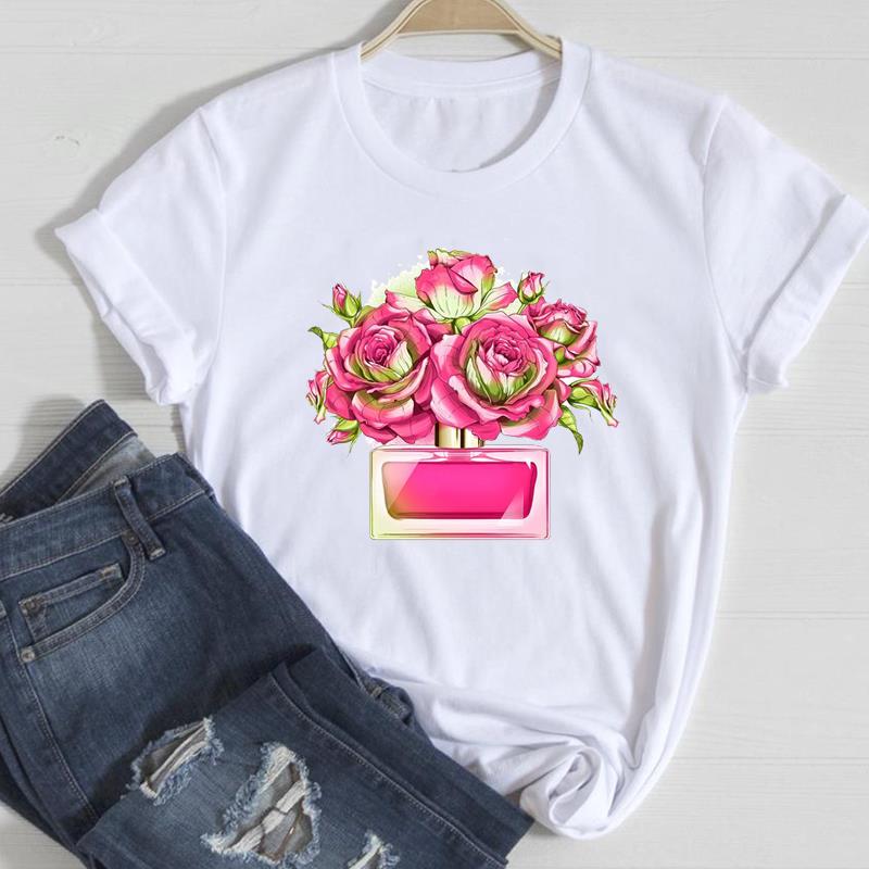 (European Size)90s Fashion Tee Clothing Casual Top Flower Lovely Trend T Shirt Short Sleeve Women Print Lady Female Graphic T-shirt