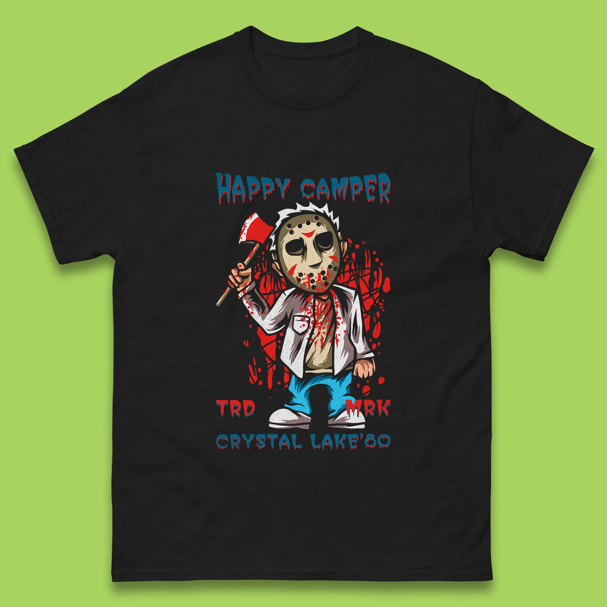 

Happy Camper Crystal Lake 1980s Jason Voorhees Vintage Halloween Horror Movie Mens Tee Top 3XL