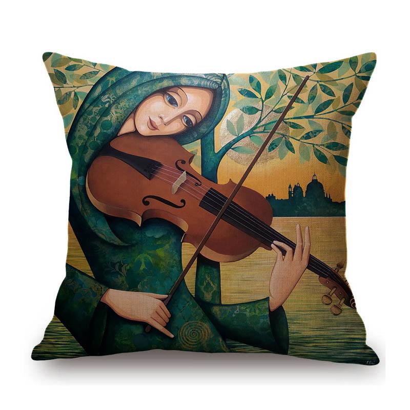 Modern Art Abstract Oil Painting Girl Play Violet Carionet Cotton Linen Sofa Throw Pillow Case Home Decorative Cushion Cover