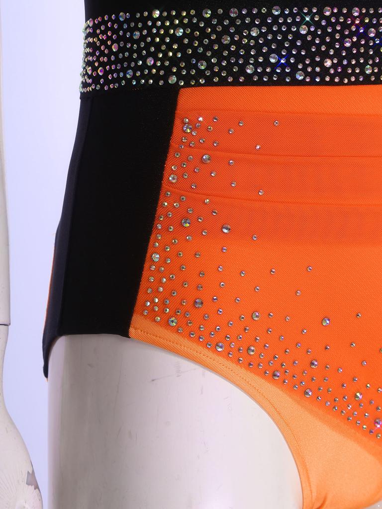Womens Figure Skating Sling Bodysuit Sparkle Rhinestone Ruched Irregular Mesh Overlay Color Block Leotard