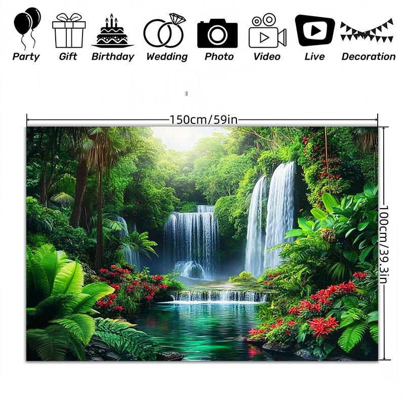 1 Tropical Waterfall and Floral Landscape Wall Hanging - Vibrant natural scene with lush greens reds