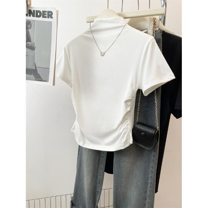 

Special offer in kind, summer new semi-turtleneck waist short-sleeved T-shirt women s folds design sense slim short fashion XL білий
