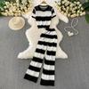 Summer Women Chic Striped Knitted Sweater Trouser Two Piece Set Short Sleeve Pullover Tops and Wide Leg Pant Suit
