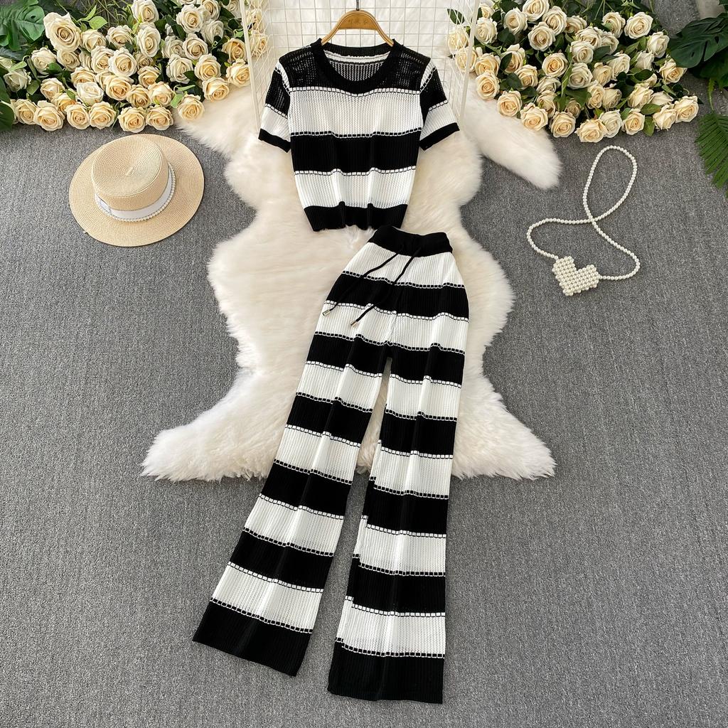 Summer Women Chic Striped Knitted Sweater Trouser Two Piece Set Short Sleeve Pullover Tops and Wide Leg Pant Suit