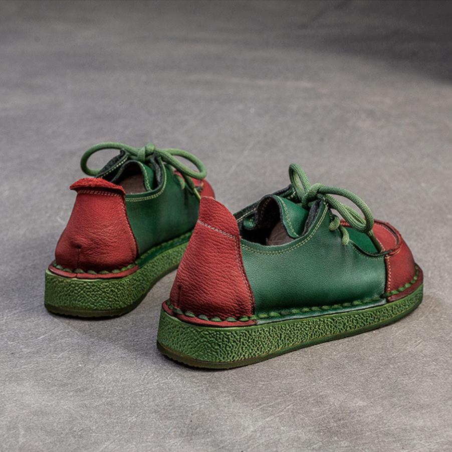 Johnature Chaussures à lacets rétro en cuir véritable polyvalentes, couleurs mélangées, semelle souple, chaussures confortables pour femmes