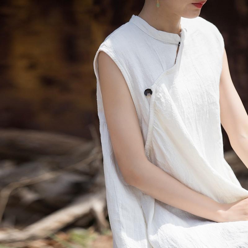 Johnature Women Vintage Dresses Stand Sleeveless Robes Summer Tie-dye Chinese Style A-line Dress