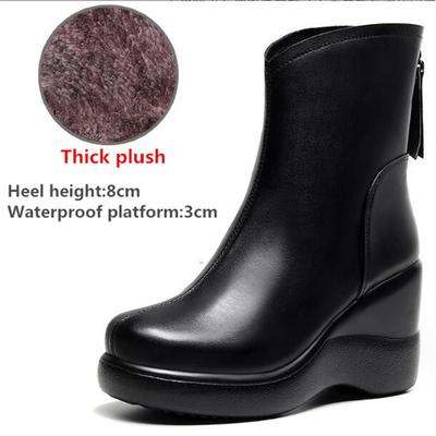 Size32-43 Genuine Leather Woman Ankle Boots Zip Ladies High Heel Plush Short Boots Winter Women's Platform Wedges Shoes