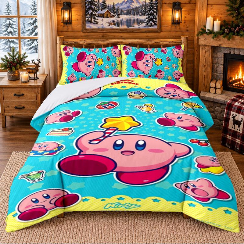 Kirby Pattern Bedding 3Pcs Set Bed Sheet And Pillowcases For Indoor Bedroom