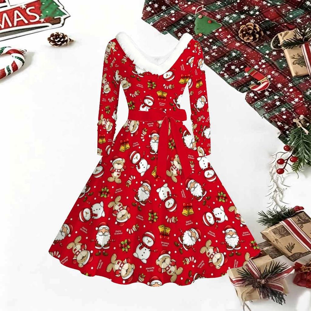 Women Christmas Print Midi Dress, Long Sleeve V‑Neck Furry Trim A‑Line Party Dress, Christmas Limited Edition