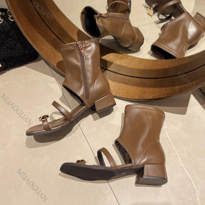 Fashion Women's Shoes Short Sandals 2025 Summer and Autumn New Style Back Zipper Square Toe Mid Heel Clip Toe Casual Sandales Femmes