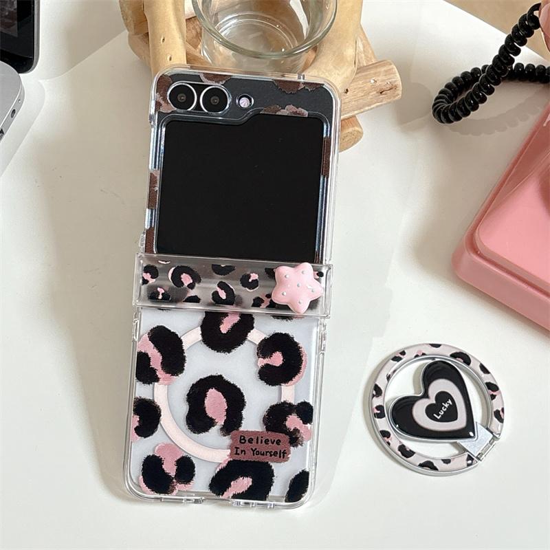 Fashion Pink Black Leopard Print Magnetic Phone Case For Samsung Galaxy Z Flip 7 6 5 ZFlip6  Cover with Stand Lanyard For Magsaf
