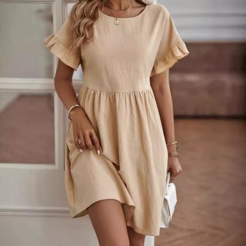 Summer Round Neck Short Sleeve Loose Dress Fashion Simple A-line Party Office Casual Short Dresses Elegant Ladies Women's Clothing