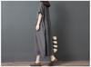 Women's Linen Blend Midi Dress Round Neck Short Sleeve Loose Pleated Waist Vintage Casual Long Dress