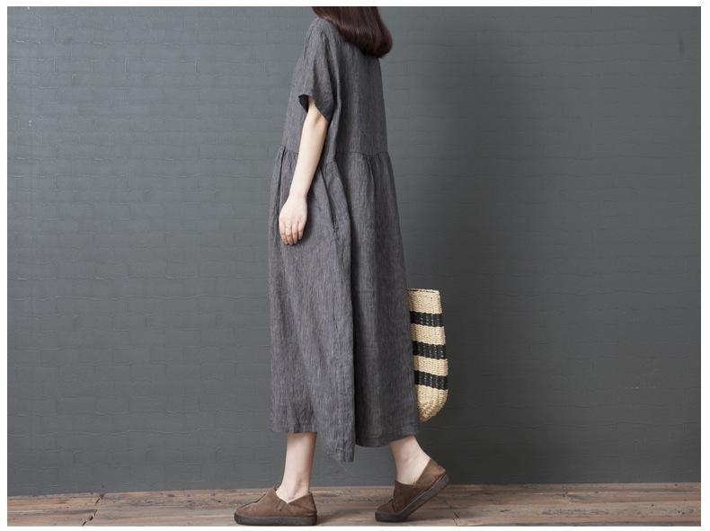 Women's Linen Blend Midi Dress Round Neck Short Sleeve Loose Pleated Waist Vintage Casual Long Dress