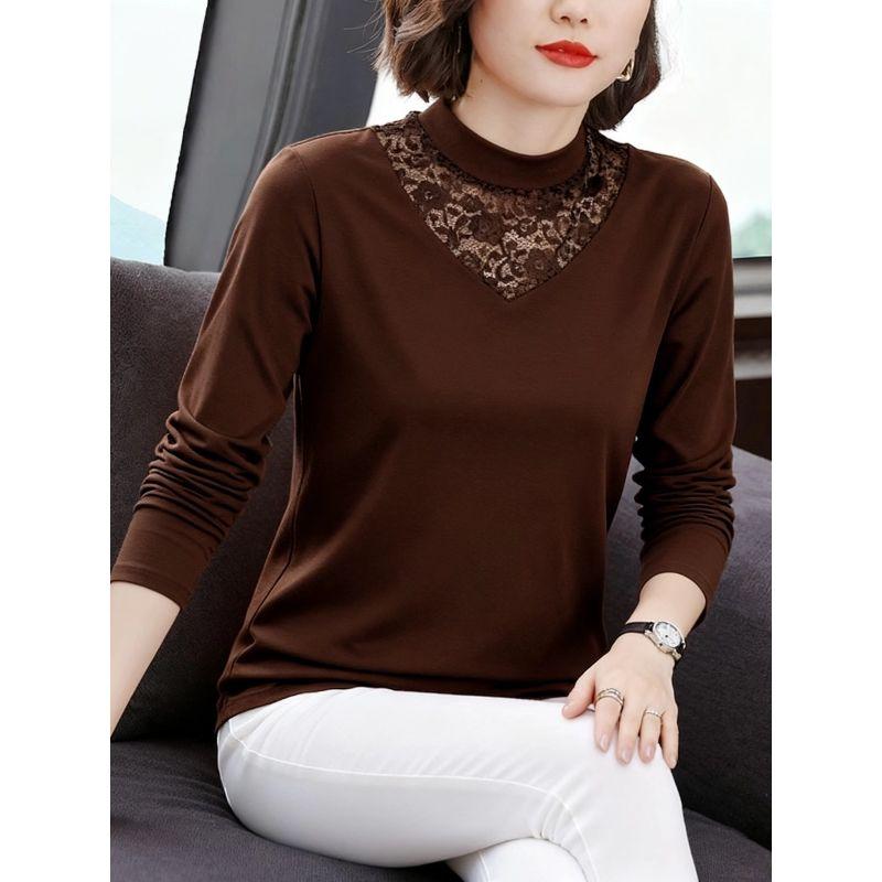 Pure Cotton Half-Turtleneck Lace Base Shirt for Women, New Spring, Autumn, and Winter Style, Fleece-Lined Long-Sleeve Slim-Fit Inner Top, Trendy