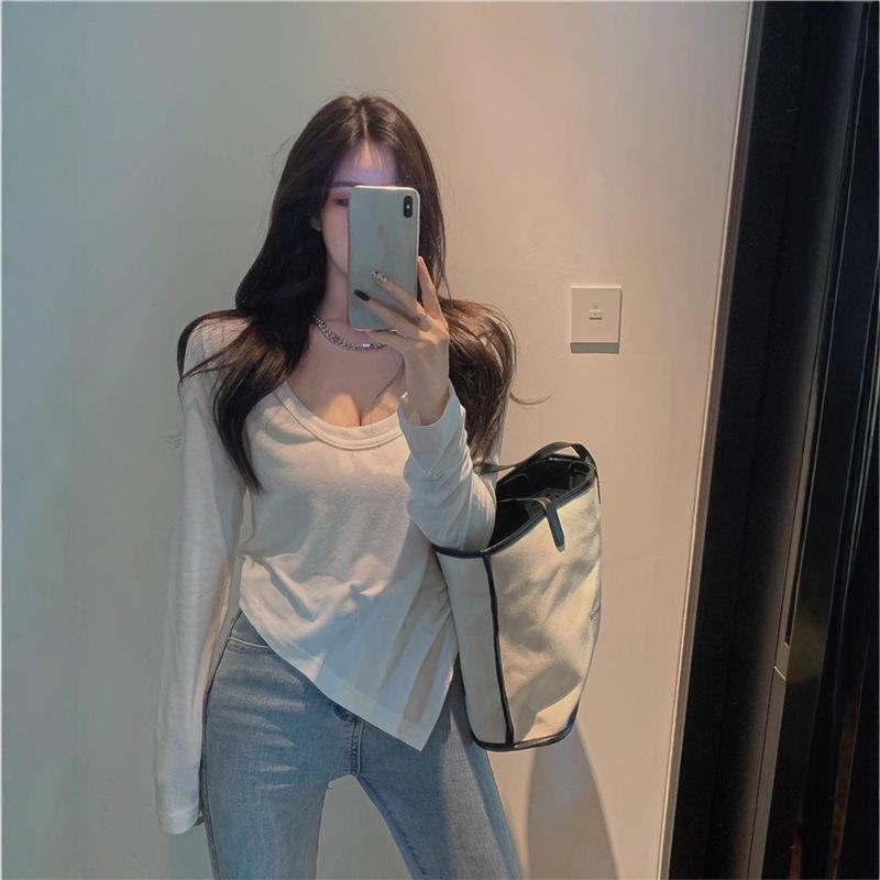 

Women s Slim Fit Long-Sleeve White T-Shirt - Stylish Low Collar, New for Autumn 2024 L