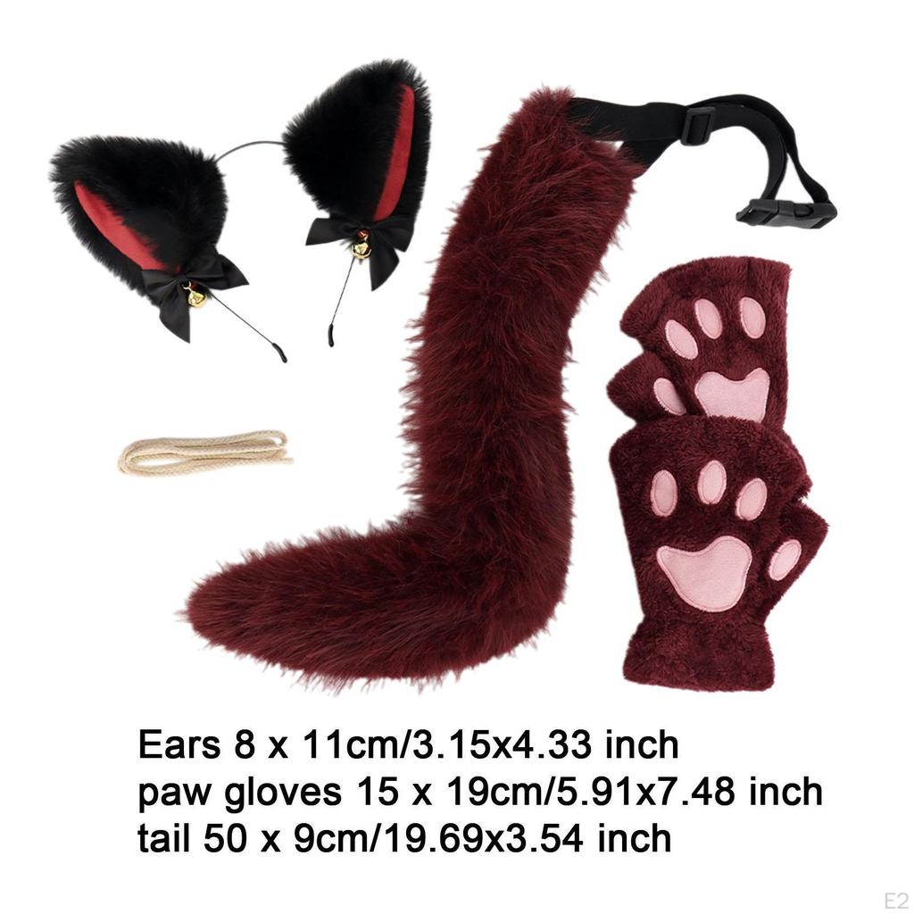 Plush Cat Ears Headband, Claws Gloves and Tail Set Costume Accessories for Party