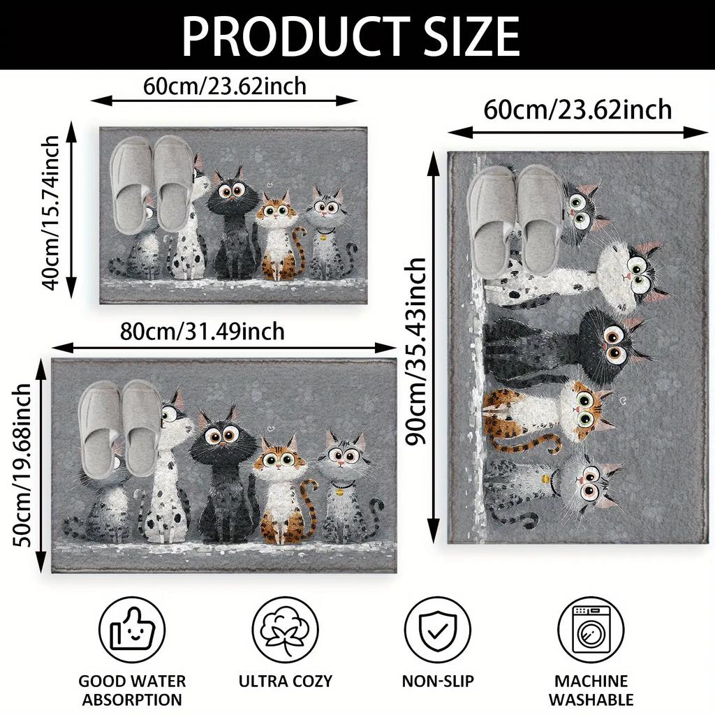 Single Piece Cute Three Cat Non-Slip Mat - Soft Bathroom Mat Suitable for Bathroom, Kitchen, And Hallway - Non-Slip Plastic Backing, Washable -