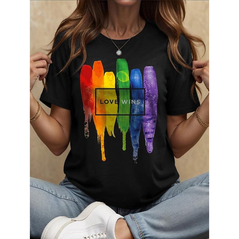 Women's T-Sleeve Rainbow Letter Pattern Printing Retro Fashion Round Neck Short-Sleeved Women's Clothing