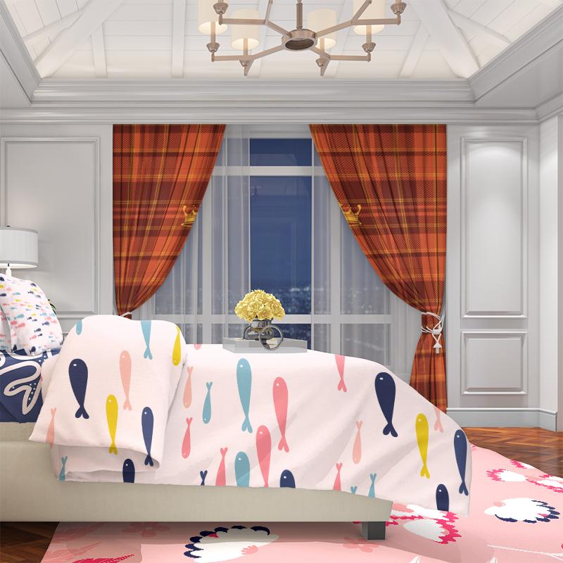 2Pcs- Orange plaid - Printed curtains -100% polyester for bedroom curtains and living room decor.
