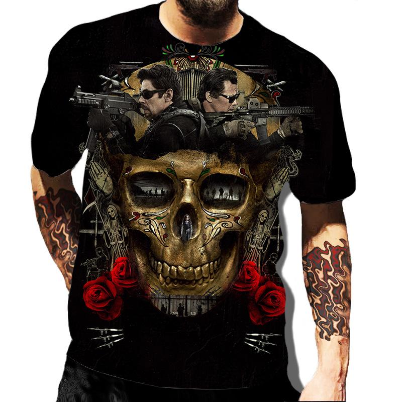 European and American Popular New Horror Skull Digital Printed T-shirt with Retro Street Style Men's T-shirt Pattern