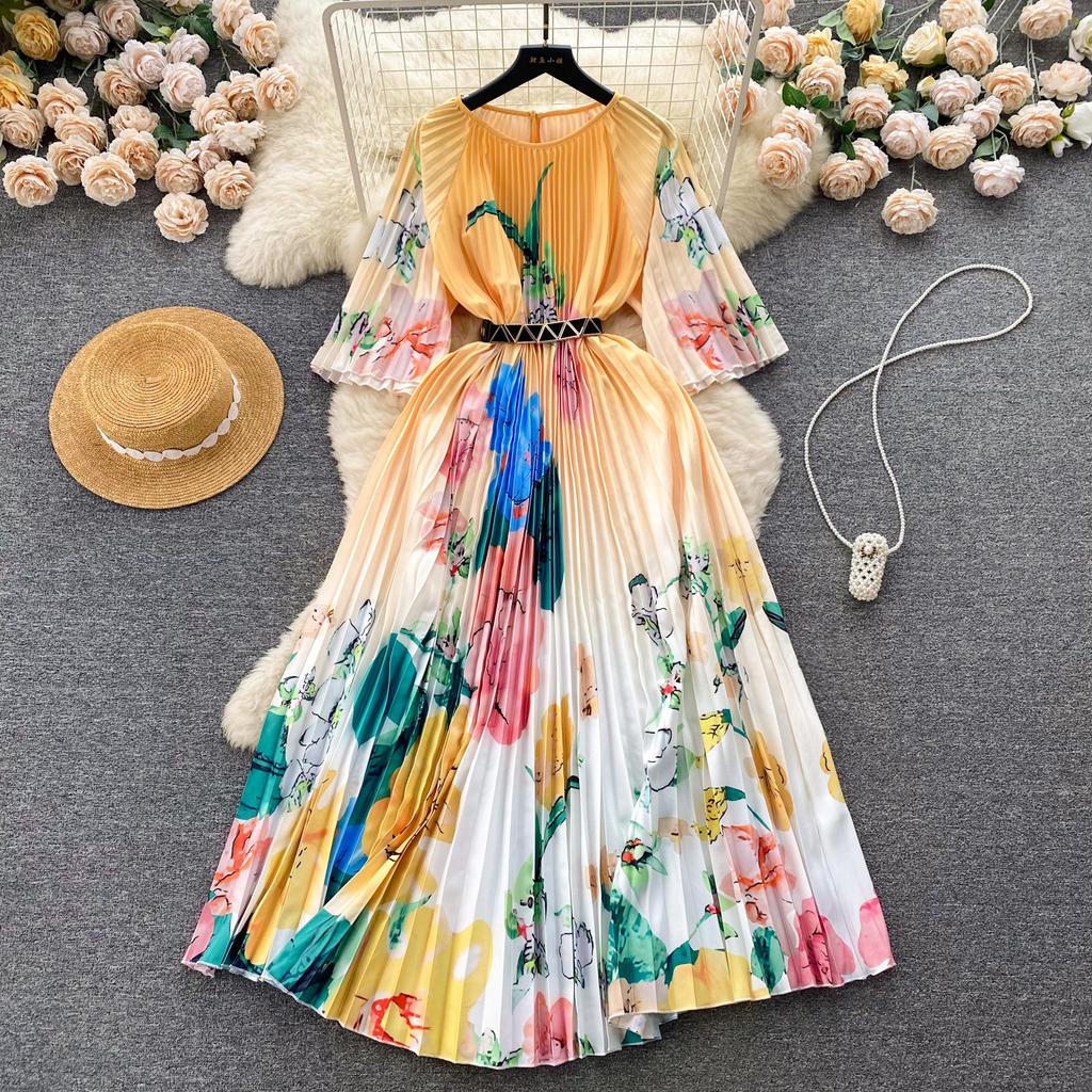 Spring Autumn Women Print Loose Pleated Dress Half Sleeve Oversized Long Maxi Robe