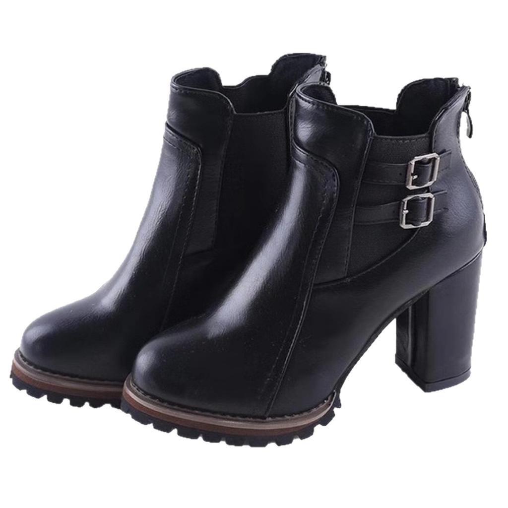 Large size thick-heeled knight boots autumn and winter new rear zipper belt buckle high-heeled short boots