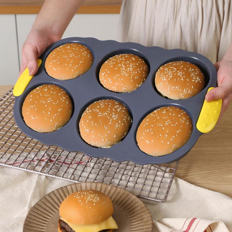 

6-Cavity Silicone Hamburger Bun Pan, Nonstick Loaf Pan & Heat Resistant Burger Bun Pans For Baking, Bread Pans For Baking серый