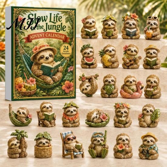 Cute Sloth Pendant Set Advent Calendar, 24Pcs Acrylic 2D Ornament Holiday Collectibles with Vintage Warm-Tone Designs, Christmas Tree Hanging