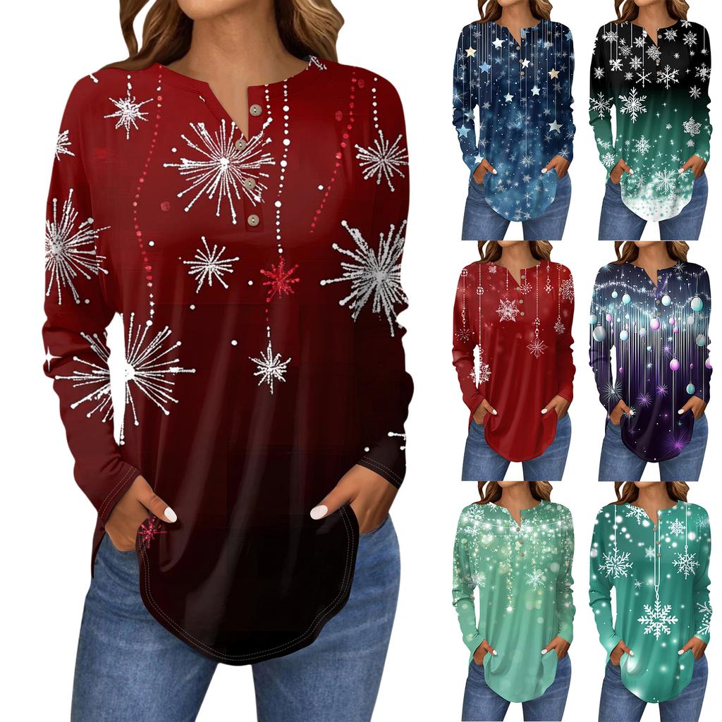 Women's Fashionable Loose-Fit Button-Down Collar Christmas Print Long-Sleeved Top