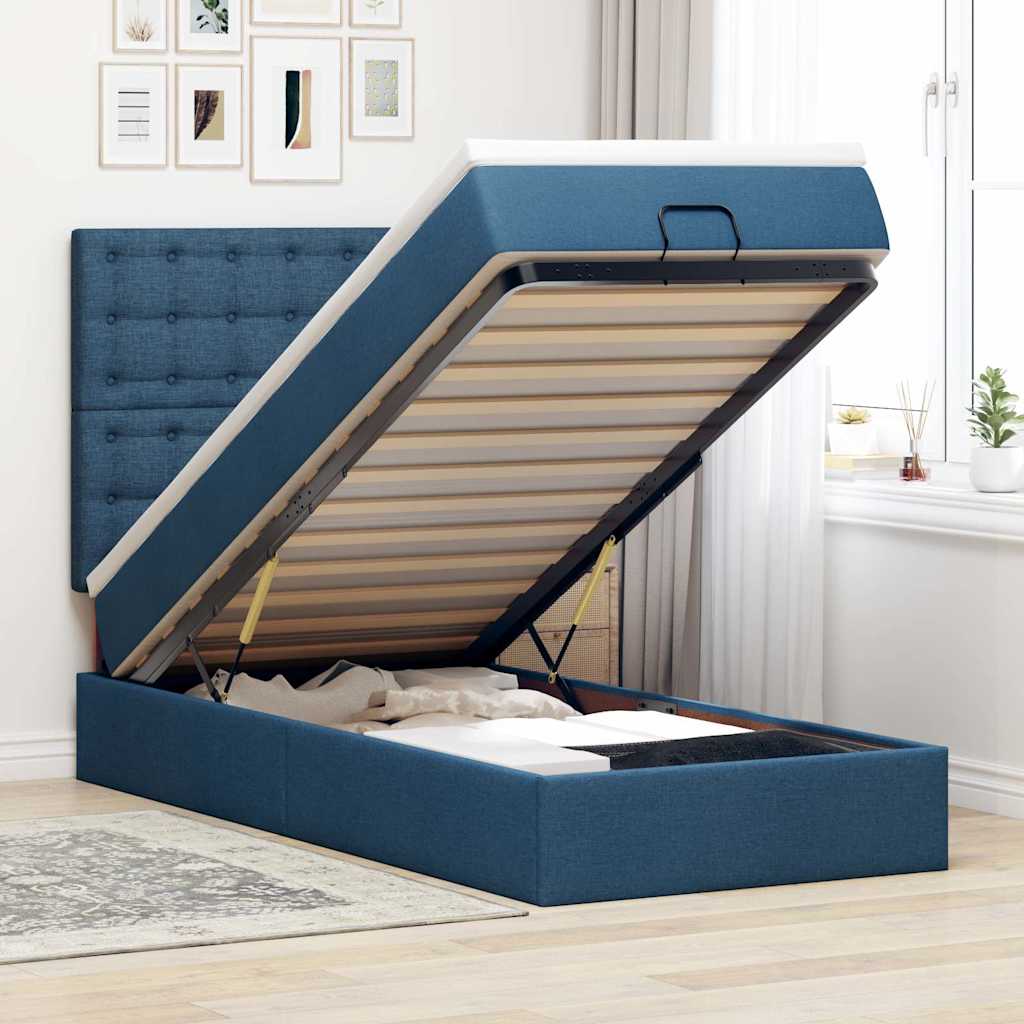 Ottoman Bed with Mattress Blue 90 x 190 cm Fabric