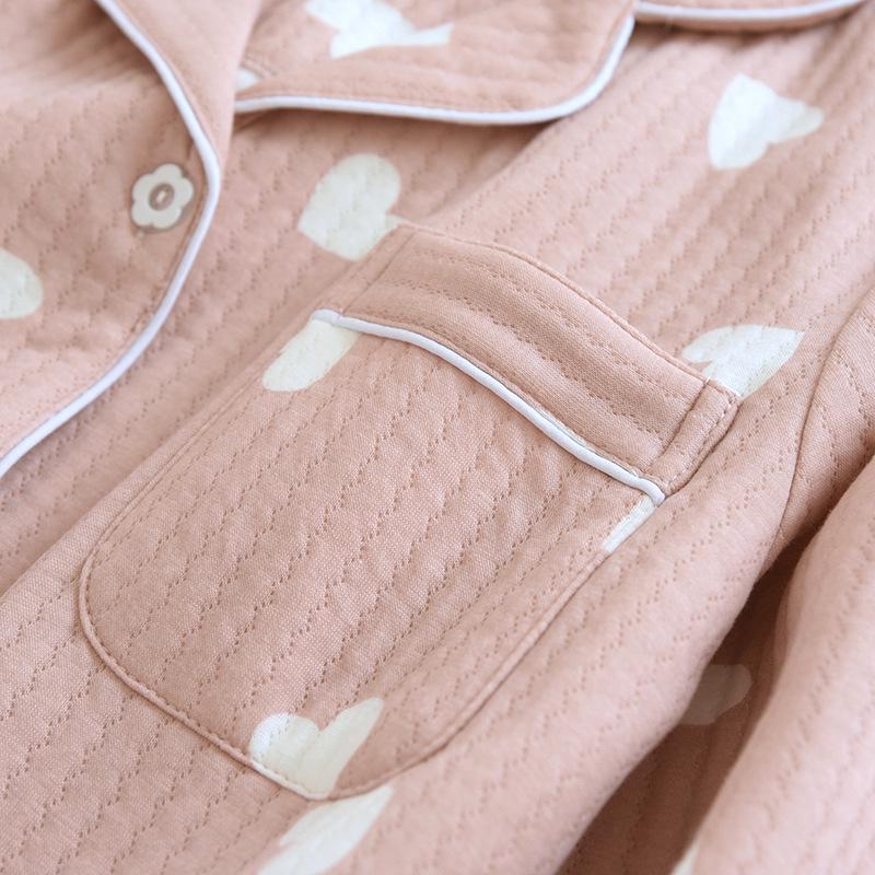 Autumn/Winter Women's Pure Cotton Long-sleeve Homewear Set - Thickened Air Layer for Warmth