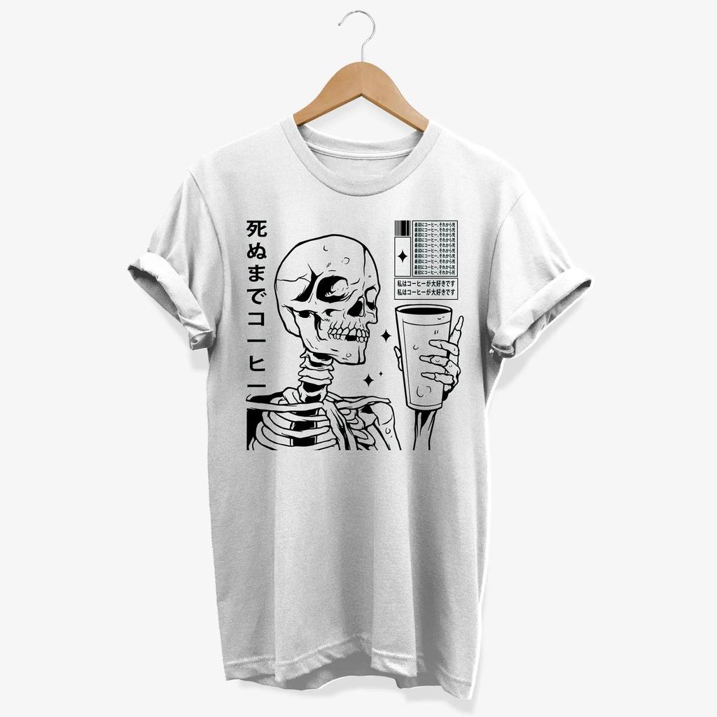Japanese Skeleton Coffee Tshirt Summer Tracksuit Mens Round Neck Pullover Shortsleeved Casual Sportswear Harajuku Streetwear