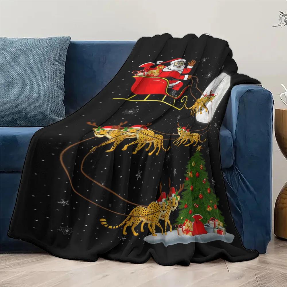 Cheetah Sleigh Christmas Fleece Blanket, Santa with 6 Leopards Under Moonlight, Fantasy Holiday Throw for Unique Decor