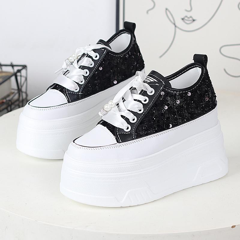 Fashion 12CM Air Mesh Synthetic Microfiber Chunky Sneaker Bling Leather Comfy High Brand Summer Platform Wedge Casual Flat Shoes