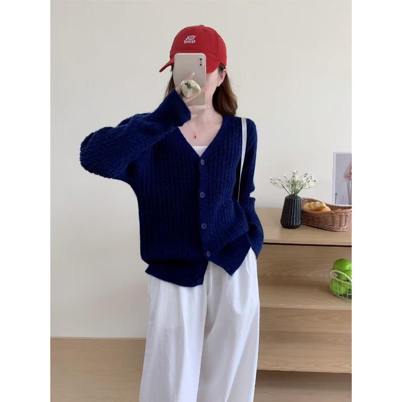

Autumn collar knitted cardigan women s retro twisted solid color top commuting wear soft waxy twist sweater women s coat average size