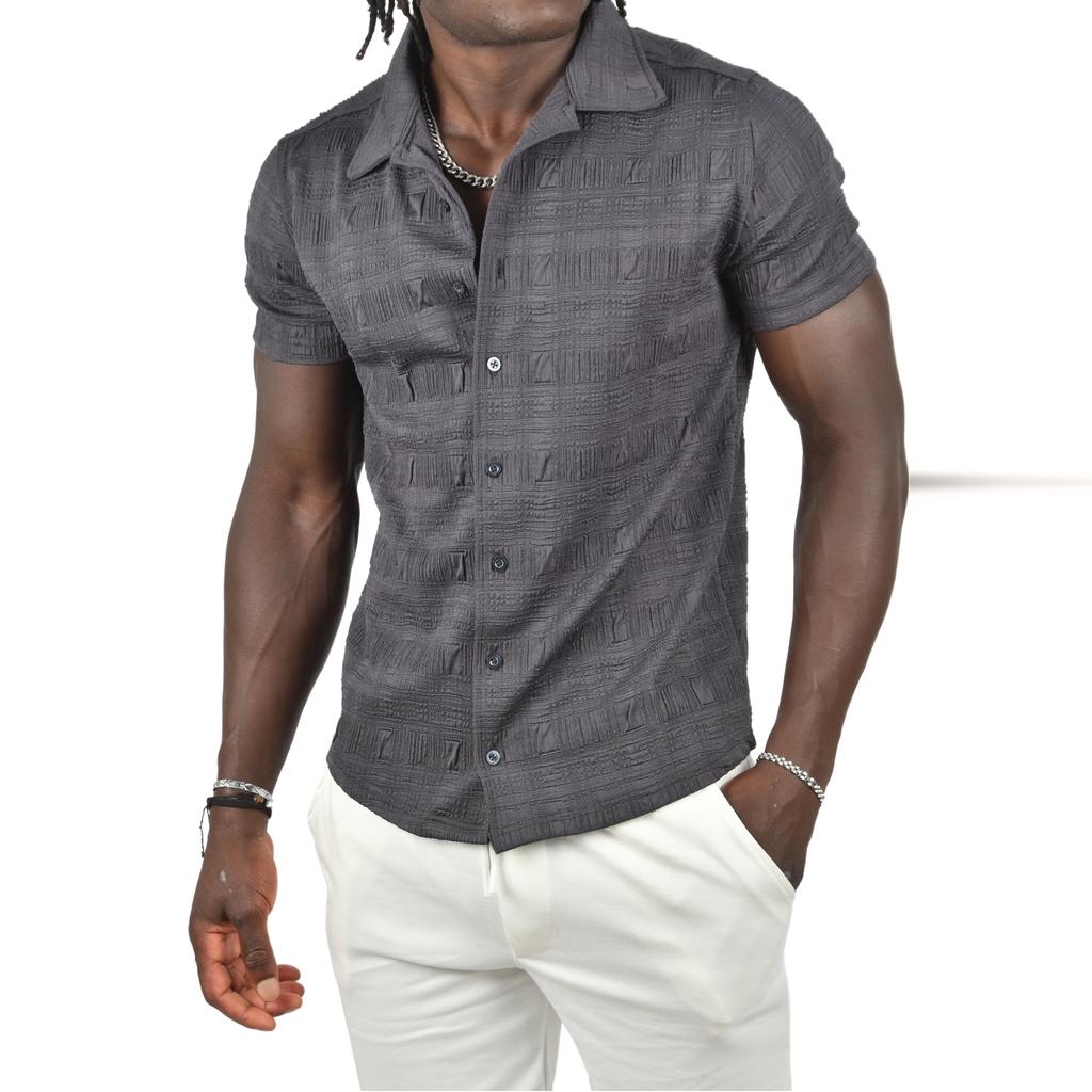 DeepSEA Oversized Shirt with Open Collar and Seersucker Buttons Short Sleeves 2403017