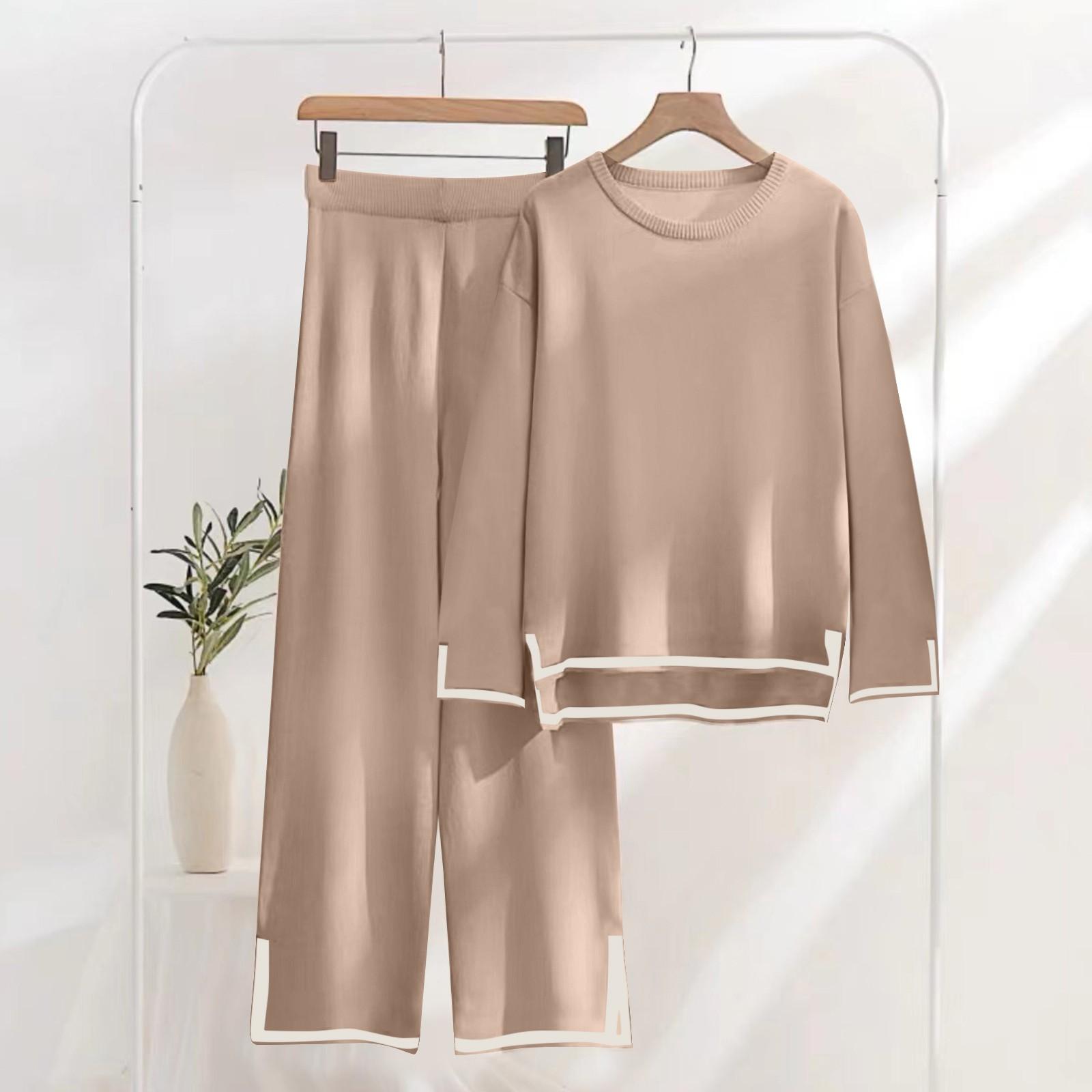 

Женский вязаный свитер из 2 предметов, пуловер с длинными рукавами, топы с эластичной резинкой на талии, широкие брюки, женский комплект XL хаки