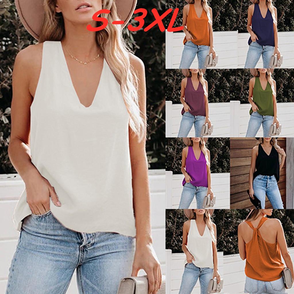 Buy Women Casual Loose Sleeveless Shirts V Neck Solid Color Cross Back