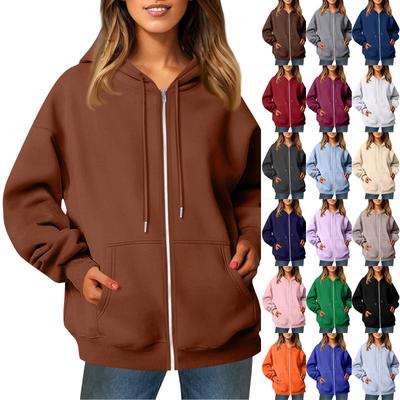 Women's Casual Fashion Solid Color Long Sleeved Pocket Zipper Hooded Drawstring Sweatshirt Jacket