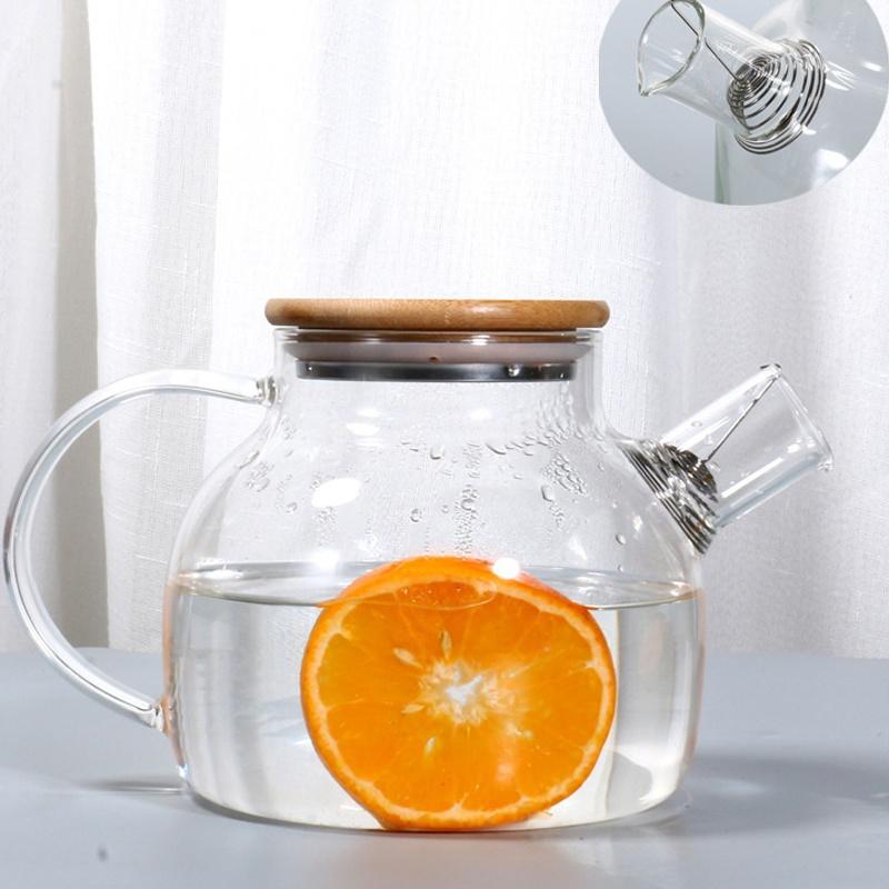 Glass Teapot 1L with Bamboo Lid Heat Resistant Thickened Clear Pitcher for Cold Hot Drinks Kitchen Dining Use