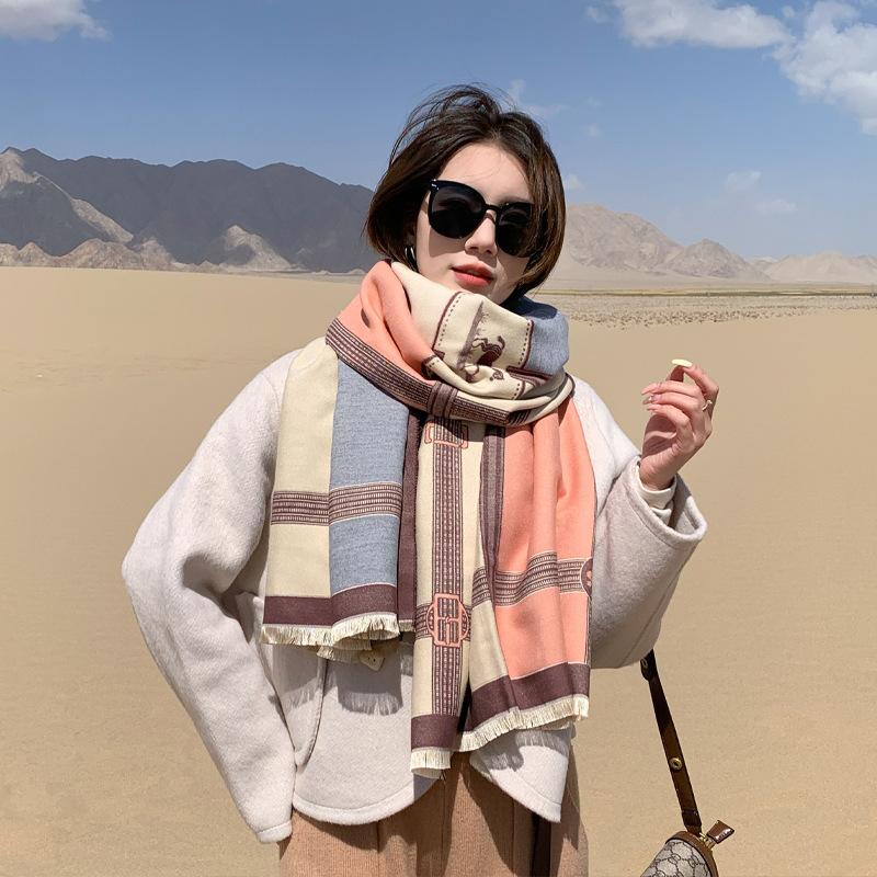 Korean Style Fashion Chain Imitation Cashmere Scarf for Women Autumn and Winter New Contrast Color All Match Scarf Tassel Cold Proof Warm Shawl