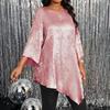 Damen Oberteile Rundhalsausschnitt Neun-Ärmel Mittellange Bluse Glitzernder Unregelmäßiger Saum Locker Geschnittenes T-Shirt Alltagskleidung