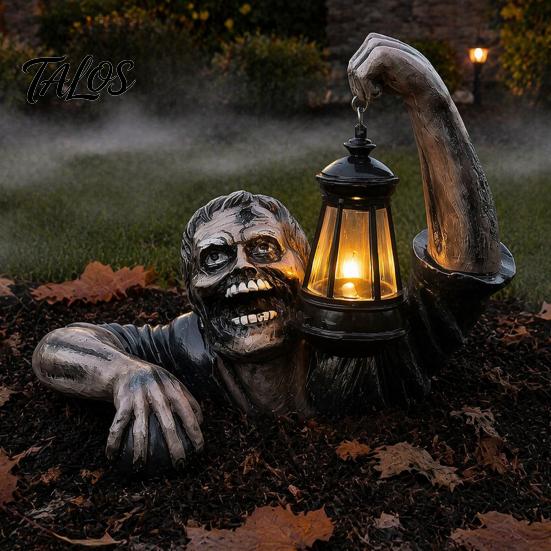 Lighted Zombie Lantern Statues Halloween Creepy Zombie/Skeleton Statue, Resin Horror Figurine Decor, Light Up Ornaments Holding Ornament for