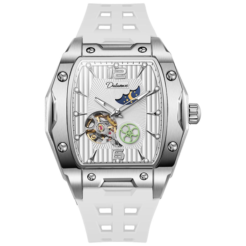 Dulunwe Tonneau Sports Men's Tourbillon Watches Starry Moon Phases Hollow Out Automatic Mechanical Watch Rubber Strap Luminous Wristwatch