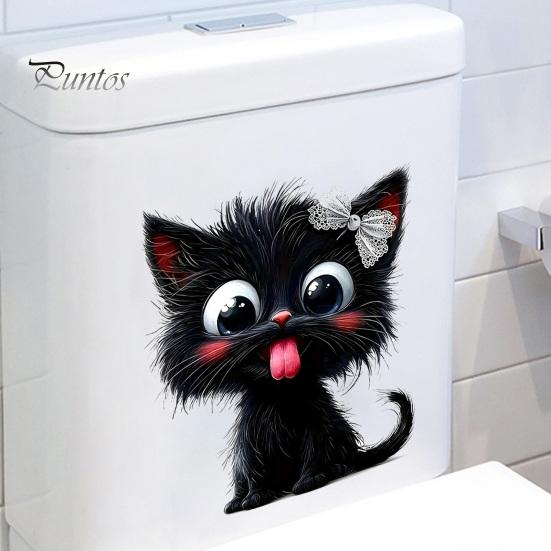 Removable PVC Wall Clings Halloween Cute Tongue Out Black Cat Toilet Lid Sticker, Cartoon Kitty Healing Style Room Decorations Bathroom Decal,