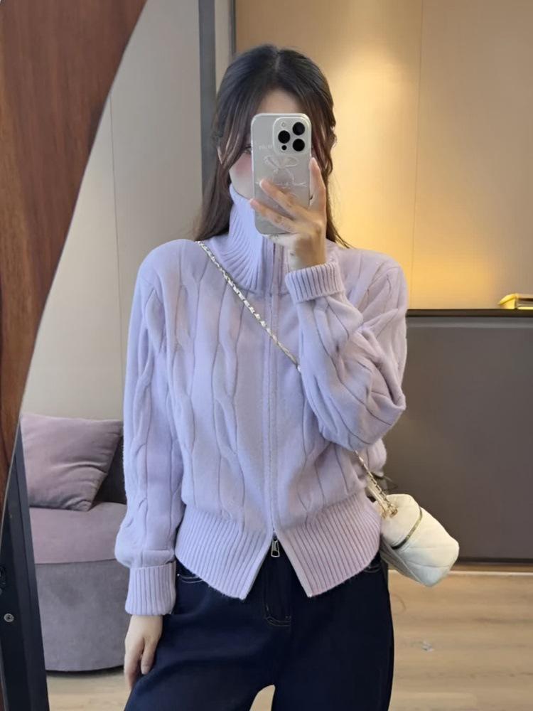 Soft waxy zipper turtleneck twist cardigan sweater autumn and winter super good-looking milk fufu knitted jacket women